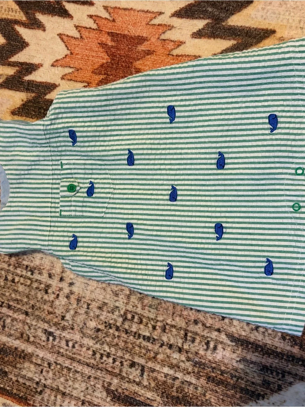 Little Me Green and White Striped One-Piece with Blue Whale Embroidery